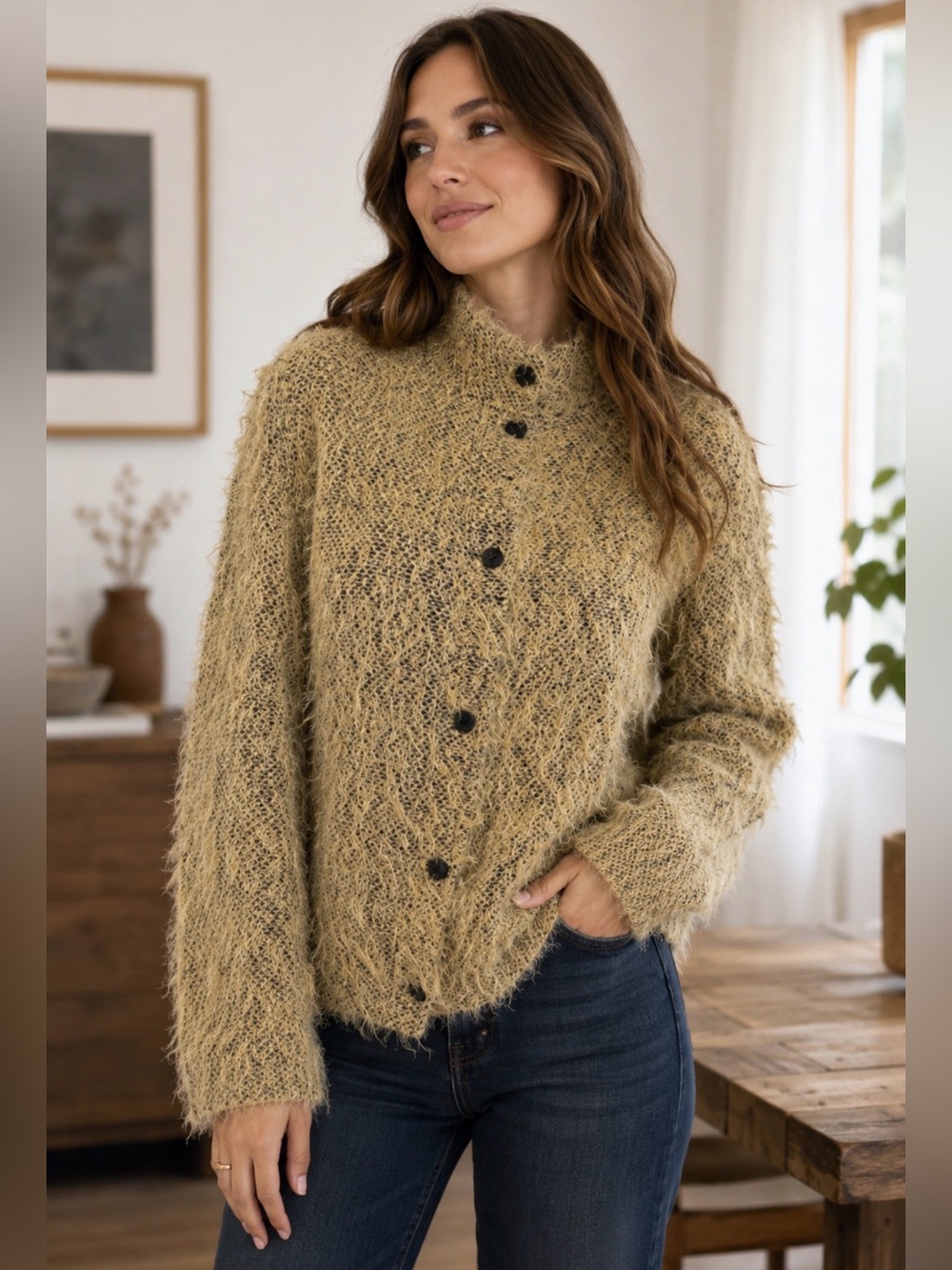 Jamie Sadock Cardigan Jacket M Medium Fuzzy Maize Gold Black